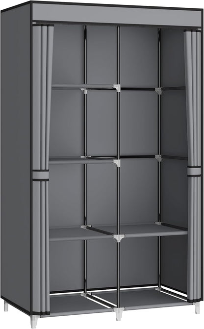 35 Inch Portable Wardrobe Closet for Small Room, Clothing Organizer Storage Rack with Non-Woven Fabric Cover, 1 Clothes Hanging Rod, 6 Storage Shelves, Grey