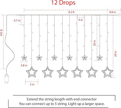 Star Curtain Lights for Bedroom - Plug-in 9ft 138 LED Fairy Twinkle Lights with 12 Star Drops, Connectable Window Lights with Remote 8 Lighting Modes for Indoor Xmas Ramadan Decoration, Multicolored