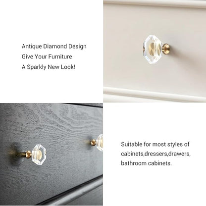 24-Pack Brass Base Crystal Drawer Knobs,Glass Crystal Gold Cabinet Knobs,1-5/16-Inch Hexagon,Kitchen Hardware Pulls, Modern Bathroom Hardware knob