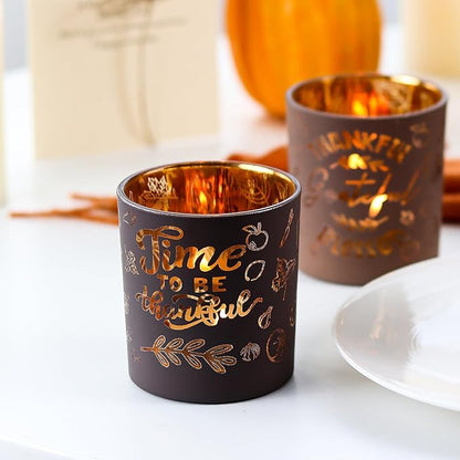 SHMILMH Glass Votive Candle Holders 4PCS Thanksgiving Tealight Candle Holders for Fall Table Centerpiece, Thanksgiving Decorations Indoor or Outdoor D閏or