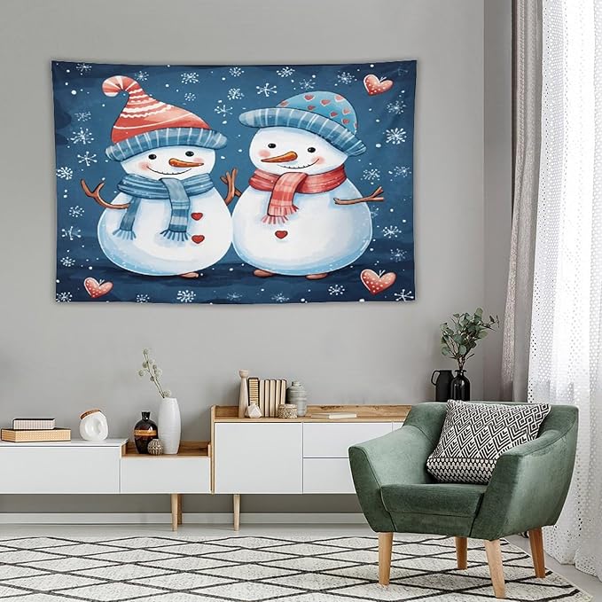Snowman Couple Tapestries Winter Snowflake Cute Cartoon Funny Snowman Tapestry Vintage Aesthetic Tapestries Landscape Tapestry Bedroom Wall Decor Living Room 60"x90" Christmas Family Party