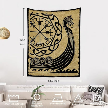 Batmerry Vikings Ancient Scandinavian Tapestry,Warship Boat Old Ancient Sea Wall Art Hanging Decoration Polyester Fiber White Ruffled Around for Dorm Room Bedroom Living Room, 59.1x51.2 inches