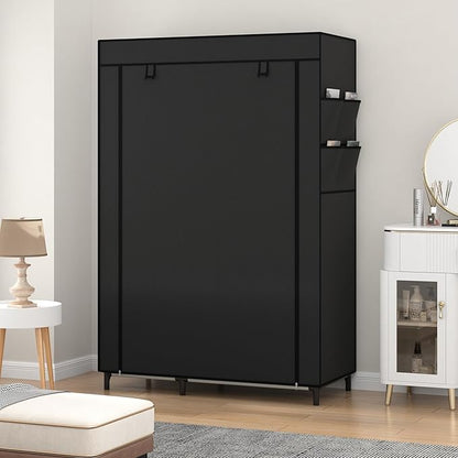 Calmootey Portable Closet Organizers, Clothing Storage, Wardrobe with 6 Shelves and Hanging Rod, Non-Woven Fabric Cover with 4 Side Pockets, Black