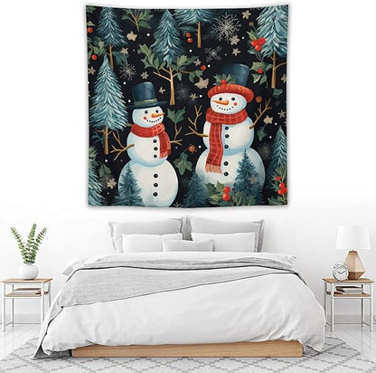 Snowman Couple Tapastry's Wall Hanging Christmas Winter Snowman Wall Hanging Wall Tapestry Aesthetic Landscape Tapestry Wall Hanging for Living Room Dorm 60"x60" Christmas Family Party