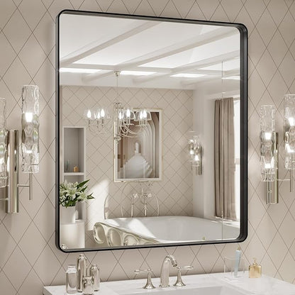 LOAAO 32x36 Inch Black Metal Framed Bathroom Mirror for Wall, Matte Black Bathroom Vanity Mirror Farmhouse, Large Rounded Rectangle Mirror, Anti-Rust, Tempered Glass, Hangs Horizontally or Vertically