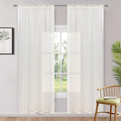 MYSKY HOME Pom Pom White Sheer Curtains for Girls Bedroom Mustard Yellow Curtains for Nursery 84 Inch Long Living Room Curtains 2 Panels Light Filtering Rod Pocket Window Drapes 52 x 84 inch