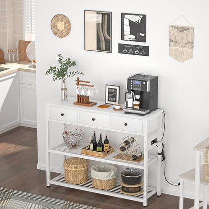 Ecoprsio 47'' Entryway Table with Outlets and USB Ports, Console Table with 3 Drawers, Sofa Table Narrow Long with Storage Shelves for Living Room, Couch, Hallway, Foyer, Kitchen Counter, White