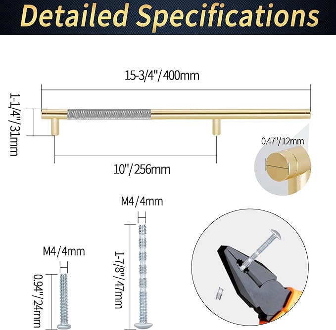 Knurled Cabinet Pulls 12 Pack, 16 Inch Long Cabinet Handles Metal Door Pulls, Kitchen Drawer Pull Knurled Dresser Handles - 10" Hole to Hole, Grey & Gold