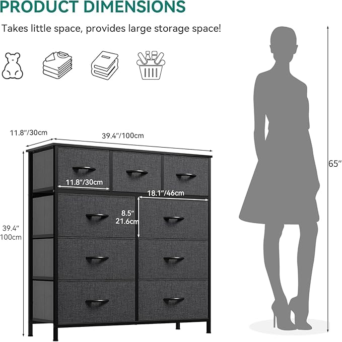 YITAHOME Dresser with 9 Drawers - Fabric Storage Tower, Tall Chest Organizer Unit for Living Room, Entryway with Sturdy Steel Frame, Wooden Top, Black Grey