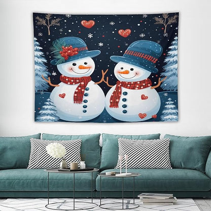 Tapestry Wall Hanging Snowman Couple Tapestry Cute Snowman with Hat And Scarf Tapestry Vintage Aesthetic Tapestries Wall Hanging for Living Room Dorm 60"x80" Tapestries Winter Snowflake Decorative