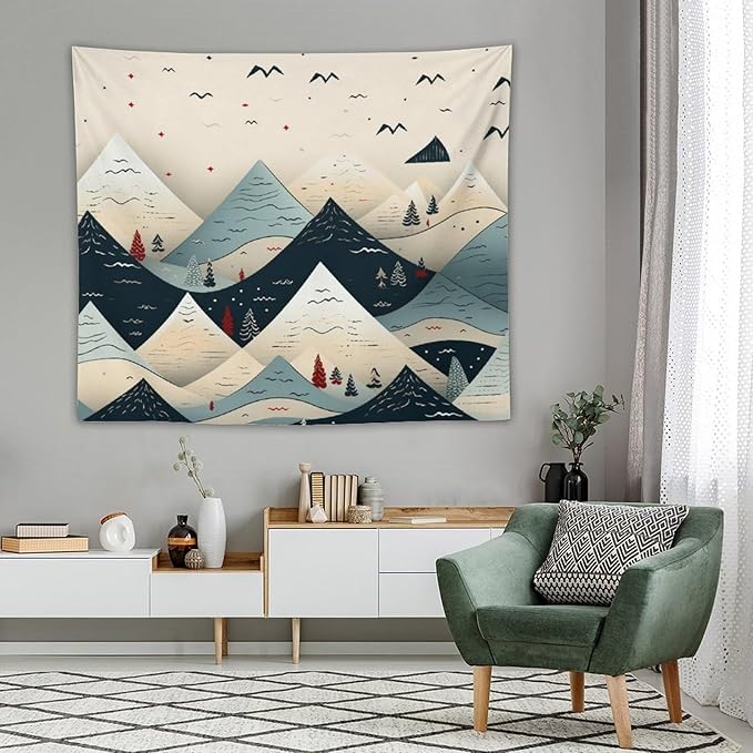 Tapestry Snow Mountain Scandinavian Winter Aesthetic Bedroom Tapestries Happy New Year Wall Tapestry Wall Decor for Bedroom Living Room Dorm Landscape 50"x60" Tapestries Winter Snowflake Decorative
