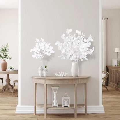 Sggvecsy 6 Pcs Eucalyptus Leaves Artificial Eucalyptus Stems Long Silver Dollar Leaves Faux Leaf Branches Fake Silk Eucalyptus for Spring Summer Home Festival Thanksgiving Christmas Decor (White)