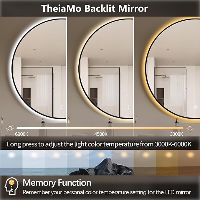 32" LED Backlit Bathroom Vanity Mirror, Wall Mounted Round Makeup Shaving Mirror with 45° Beveled Metal Frame Design, HD Waterproof&Explosion-Proof Smart Mirror, Memory Function, Black