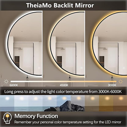 26" Round LED Bathroom Mirror, Wall Mounted Backlit Vanity Mirror with 45° Beveled Frame Lighted Mirror for Bedroom, Fog Free 3-Color Dimmable Lights Memory Function, Black