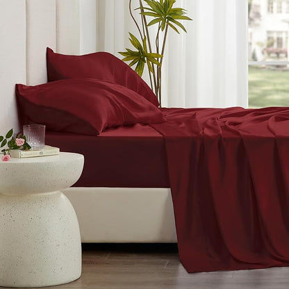 Love's cabin Twin Satin Sheets Sets - 3 Piece Burgundy Silky Bed Sheets with Deep Pockets, Luxury Silk Feel Satin Twin Size Sheet Set Bedding Set (1 Flat Sheet,1 Fitted Sheet,1 Pillow case)
