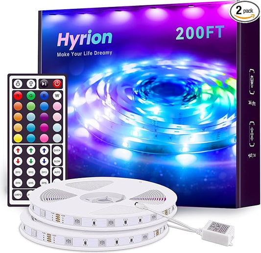 hyrion 200ft Led Strip Lights(2 Rolls of 100ft) for Bedroom with 44 Keys Remote,24 Volt Dimmable RGB Color Changing Led Lights for Bedroom,Living Room,Kitchen,Desk,Home Decoration