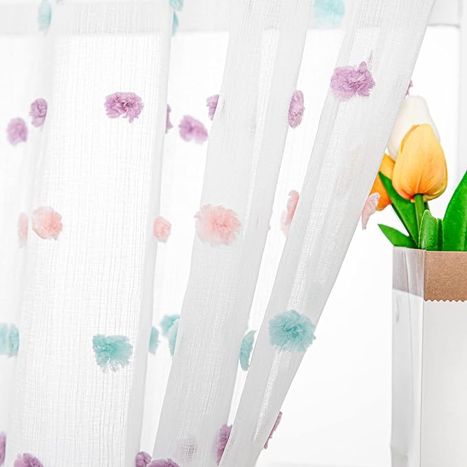 MYSKY HOME 72 Inch Long Pom Pom Sheer Curtains for Boys Bedroom Rainbow Curtain for Baby Nursery Door 2 Panels Light Filtering Rod Pocket Semi Window Drapes 38 x 72 Inch