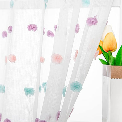 MYSKY HOME Large Curtains Rainbow Pom Pom White Sheer Curtains for Living Room Colorful White Sheer Curtains Sliding Door 108 Inch Long Light Filtering Rod Pocket Window Panels 52 x 108 inch 2 Pieces