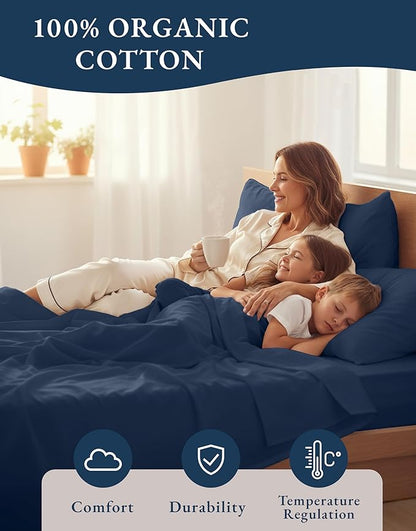 LANE LINEN Eco Friendly 100% Organic Cotton Bed Sheets Queen Size, Soft & Comfy Percale Weave, Fully Elasticized Mercerized Naturally Cooling Cotton Sheets Queen Size Set- Navy