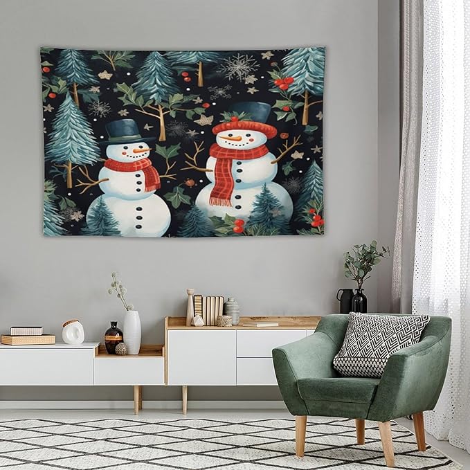 MaSiledy Wall Tapestry Snowman Couple Tapestry Hello Winter Snowman Wall Art Tapestry for Bedroom Aesthetic Wall Art for Bedroom Wall Hanging for Room 40"x60" Xmas Wall Hanging Polyester Tapestries