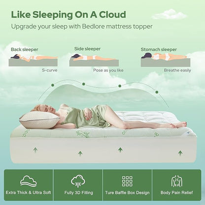BEDLORE Twin Mattress Topper Viscose Derived from Bamboo, Thick Pillow Top Mattress Pad with Stretchable Pockets for 6"-15" Mattress, Soft Breathable Mattress Topper for Back Pain Relief