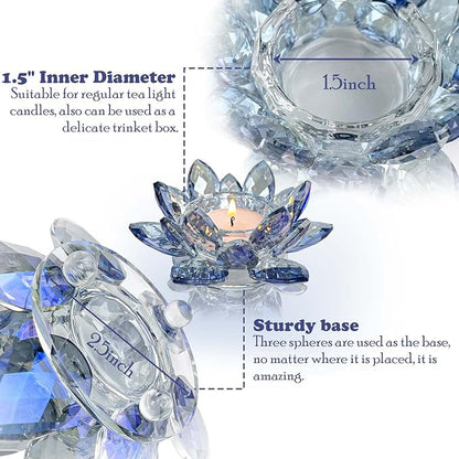 Crystal Lotus Flower Tealight Candle Holders/Glass Tea Light Candlestick Decor Decoration for Christmas Home Wedding Party… (Blue 2pcs)