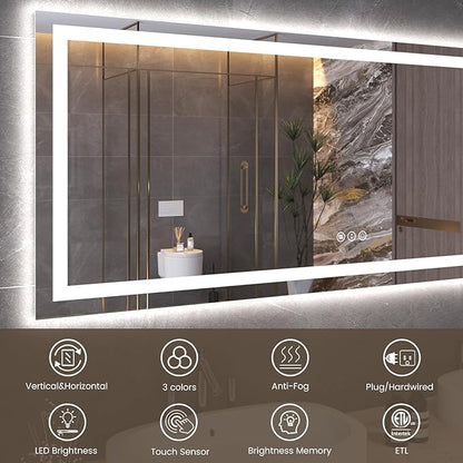 60"X24" LED Bathroom Mirror with Front Lights and Backlit, Anti-Fog, Dimmable, Shatter-Proof Tempered Glass, Lighted Bathroom Vanity Mirror for Wall with 3 Colors, Memory Function