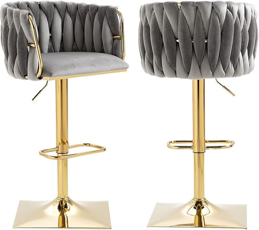 NIOIIKIT Bar Stool Set of 2, Velvet Upholstered Swivel Barstool, Counter Height Chair with Hand Woven Backrest, Dining Barstool with Footrest, Bar Chair for Kitchen Island, Pub (Grey)