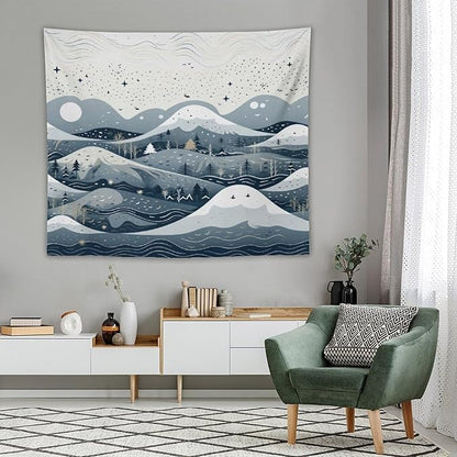 Tapestry As Wall Art Snow Mountain Scandinavian Winter Tapestry Hello Winter Holiday Tapestries for Bedroom Wall Hanging for Bedroom Living Room Dorm 50"x60" Tapestries Winter Snowflake Decorative