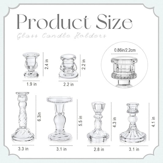 Mumufy 6 Pcs Glass Crystal Taper Candle Holders Clear Glass Candlestick Holder Fit 0.8 Inch Candles Crystal Decorative Candle Stand Centerpiece Table Wedding Dining Party (Simple,Clear)