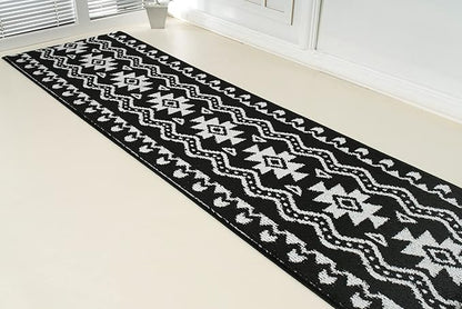 Custom Length Cut to Size Tribal Ethnic Southwestern Inspired Hallway Runner Rug, Non Slip Rubber Backed, 31 inch Wide X Customized Length, Aztec Black, 31 inch X 6 feet