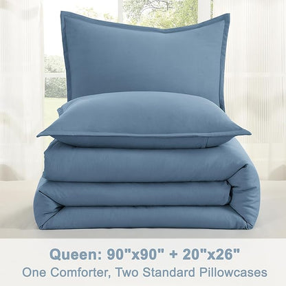 Litanika Comforters Queen Size Set Grayish Blue, 3 Pieces Lightweight Solid Bedding Comforter Set, All Season Fluffy Bed Set (90x90In Comforter & 2 Pillowcases)