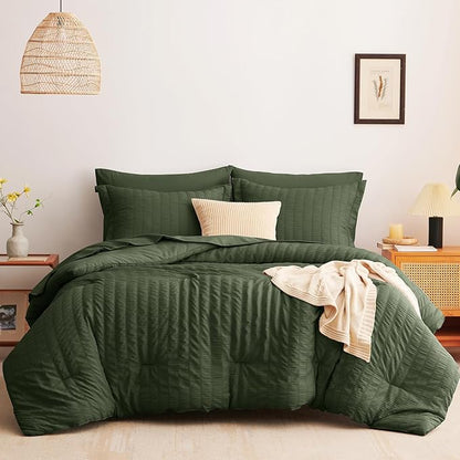 CozyLux King Size Comforter Set Olive Green Seersucker 7 Pieces Bed in a Bag King Comforter Set with Sheets, Luxury Bedding Set with Down Alternative Comforter, Sheets, Pillowcases & Shams All Seasons