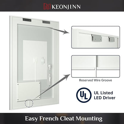 Keonjinn LED Bathroom Mirror with Lights, 28 x 36 Inch Front Lighted Vanity Mirror, HD Tempered Glass, UL-Listed LED Driver, Anti-Fog, 6000K Dimmale, Memory Function, Easy Installation