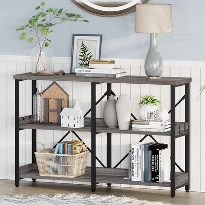 BON AUGURE Entry Table, 47 Inch Console Tables for Entryway, Narrow Couch Table Behind Sofa for Living Room, Wood 3 Tier Shelves Organization Tables for Foyer, Hallway (Dark Grey Oak)