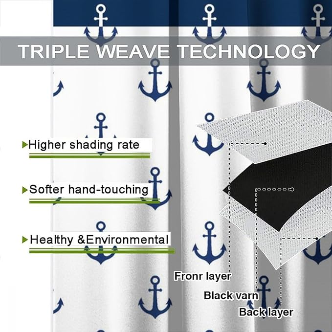 Anchor Pattern Curtains, Nautical Theme Navy Blue White Anchor Sea Life Adventure Print Blackout Window Treatments for Living Room Boys Men's Bedroom 63x63in