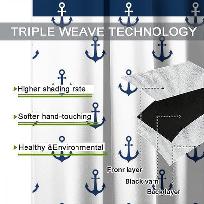 Anchor Pattern Curtains, Nautical Theme Navy Blue White Anchor Sea Life Adventure Print Blackout Window Treatments for Living Room Boys Men's Bedroom 63x63in