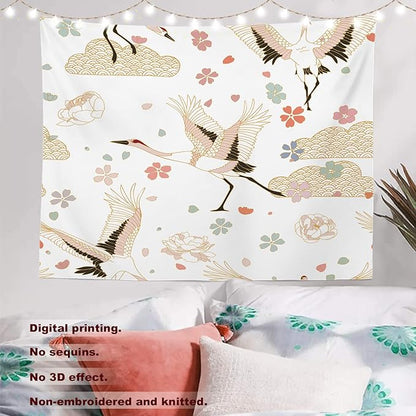 Batmerry White and Gold Japanese Tapestry,Rustic Wall Art Hanging Decoration Polyester Fiber White Ruffled Around for Dorm Room Bedroom Living Room, 51.2x59.1 inches