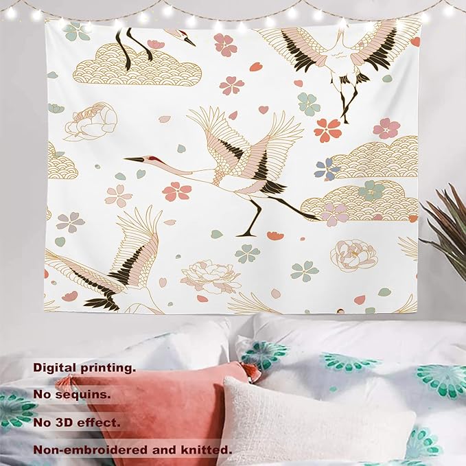 Batmerry White and Gold Japanese Tapestry, Rustic Wall Art Hanging Decoration Polyester Fiber White Ruffled Around for Dorm Room Bedroom Living Room, 59.1x82.7 inches
