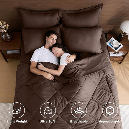 HEVUMYI Brown King Comforter Set - 7-Piece All Season Bed in a Bag King, Ultra Soft Bedding Set with Comforter, Flat Sheet, Fitted Sheet, Pillowcases, Pillow Shams