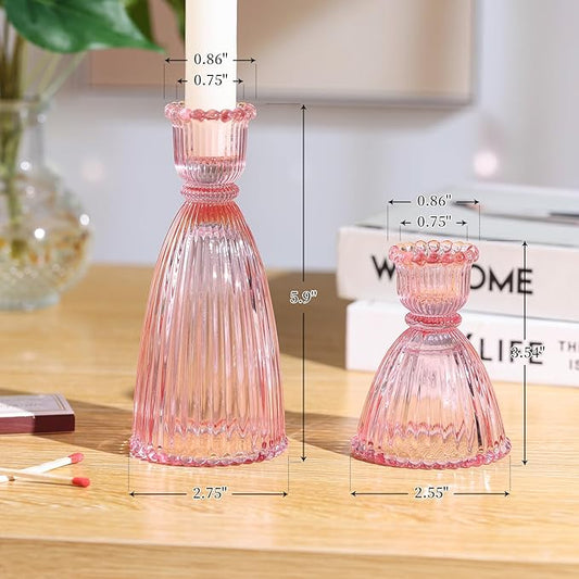 LAMORGIFT Pink Candle Holder Set of 6-4pcs 3.5"& 2pcs 6" Assorted Glass Pink Candlesticks Holder for Wedding Decor, Ribbed Taper Candle Holders Bulk for Bridal Shower, Home Table Centerpieces