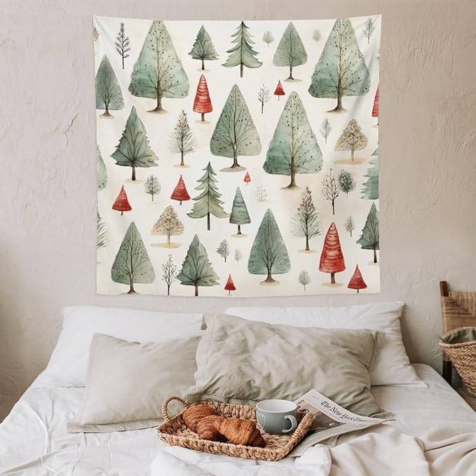 Wall Tapestries Vintage Christmas Tree Watercolor Tapestry Happy New Year Bedroom Tapestries Wall Hanging Decor Tapestry for Bedroom Aesthetic Alt Room 60"x60" Tapestries Winter Snowflake Decorative