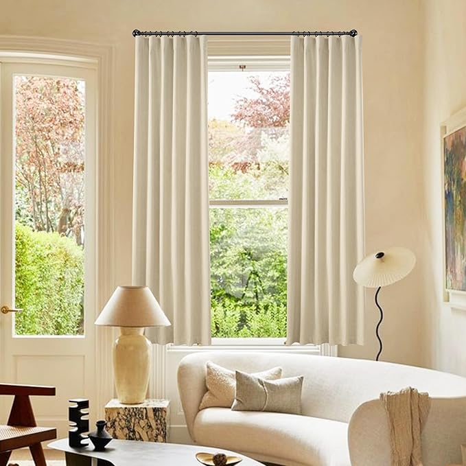 KangBang Beige Linen Blackout Curtains 72 Inches Long 6 ft, Back Tab Loop Pocket Room Darkening Soundproof Privacy Drapes for Traditional Family Room Bedroom,52x72 Inch, 2 Panels