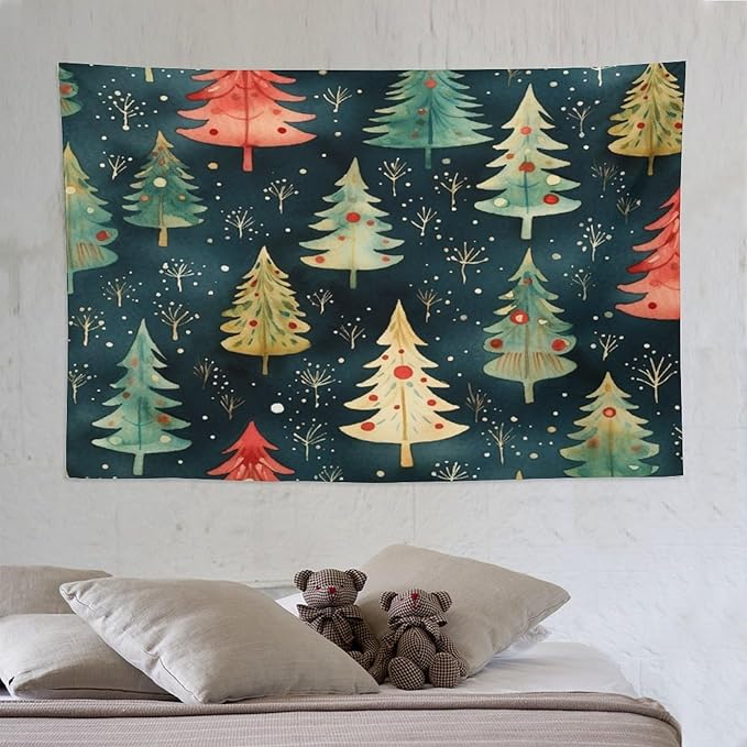 Vintage Christmas Tree Watercolor Tapestry Wall Hanging Vintage Christmas Wall Hanging Wall Tapestry Aesthetic Tapestry for Bedroom Colorful Wall Hanging Aesthetic Wall Art For Room Decor 60"x90"