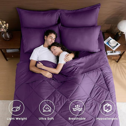 HEVUMYI Grape Purple California King Comforter Set - 7-Piece All Season Bed in a Bag Cal King, Ultra Soft Bedding Set with Comforter, Flat Sheet, Fitted Sheet, Pillowcases, Pillow Shams