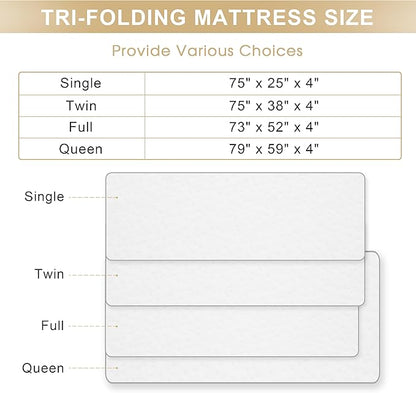 Folding Memory Foam Mattress, 4" Tri-fold with Breathable Washable Bamboo Fiber Cover, Foldable Guest Bed for Camping, Road Trip, Queen