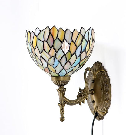 Tiffany Sconce Lamp Stained Glass Wall Lamp,8X10.5X11 Inch Plug in Wall Bedside Light for Hallway Bedroom (Seven Color Wisteria)