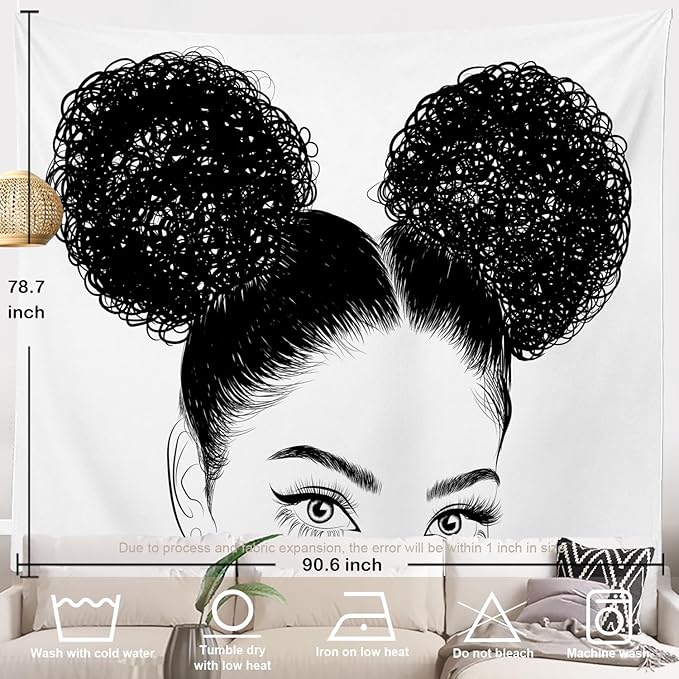 Batmerry Black American Afro Tapestry, White Graphic Woman Wall Art Hanging Decoration Polyester Fiber White Ruffled Around For Dorm Room Bedroom Living Room, 90.6 X 78.7 Inches
