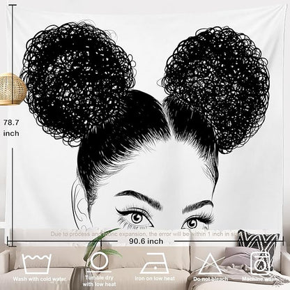 Batmerry Black American Afro Tapestry, White Graphic Woman Wall Art Hanging Decoration Polyester Fiber White Ruffled Around For Dorm Room Bedroom Living Room, 90.6 X 78.7 Inches