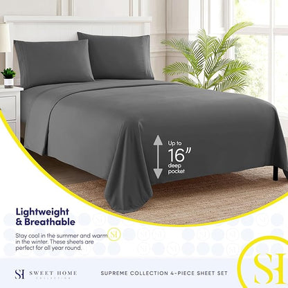 Split King Sheets - Breathable Luxury Sheets with Full Elastic & Secure Corner Straps Built In - 1800 Supreme Collection Extra Soft Deep Pocket Bedding Set, Sheet Set, Split King Size, Gray